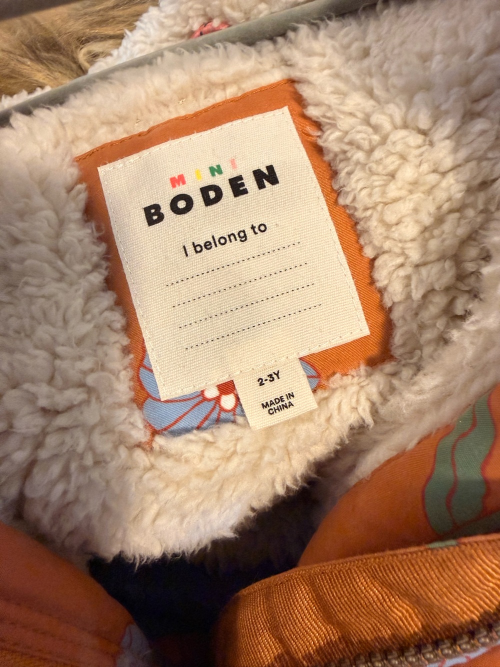 Mini Boden Girls' Floral Hooded Parka Jacket - Rust 2-3y - Picture 3 of 3